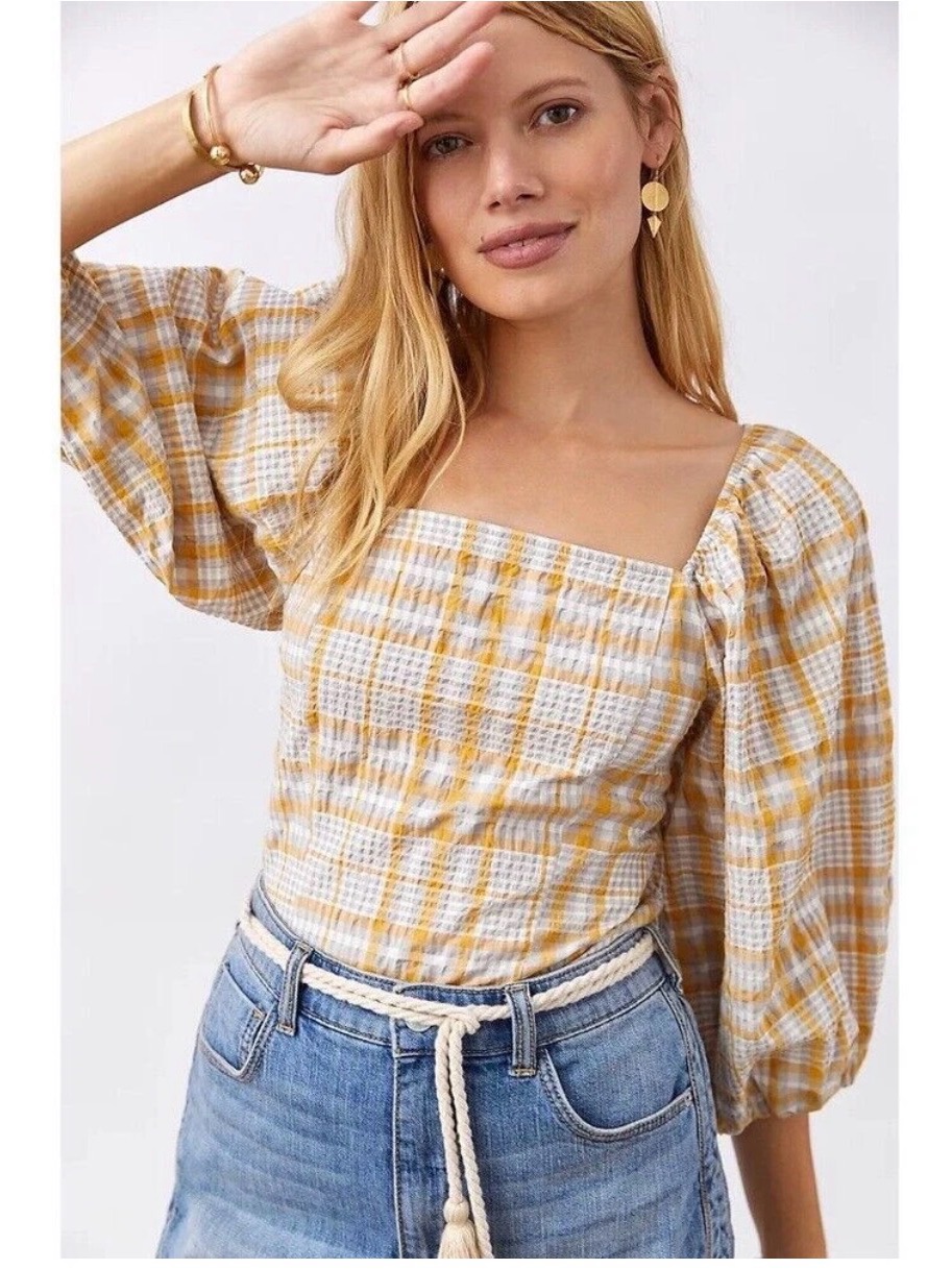 Maeve Anthropologie Sz M Plaid Seersucker Puff Sleeve Smocked Top Yellow Summer